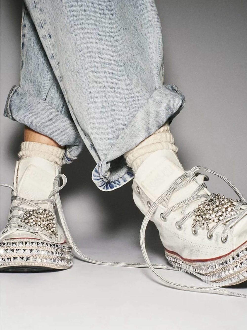 FREE PEOPLE x NAN-KU COUTURE Silver Embellished Studded High Top Sneakers